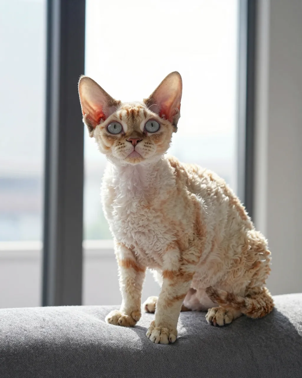 Curly cream Devon Rex cat sits on a gray sofa armrest backlit by bright window light.