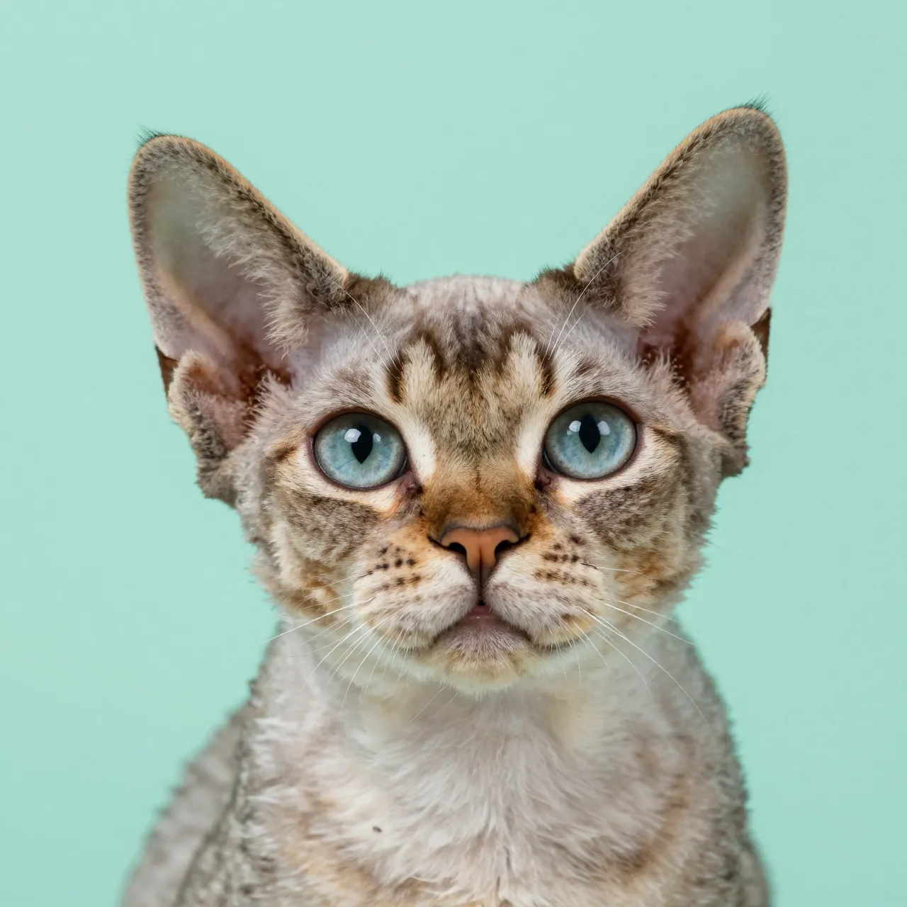 Close-up head portrait of a Devon Rex cat with large eyes against a mint green background
