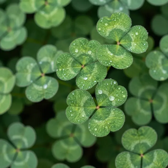 Sharp close-up of green clover leaves dotted with clear dew droplets against a blurred clover background