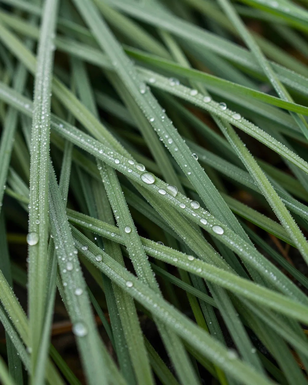 Close-up top view of slender green grass blades dotted with glistening clear dew droplets under soft light