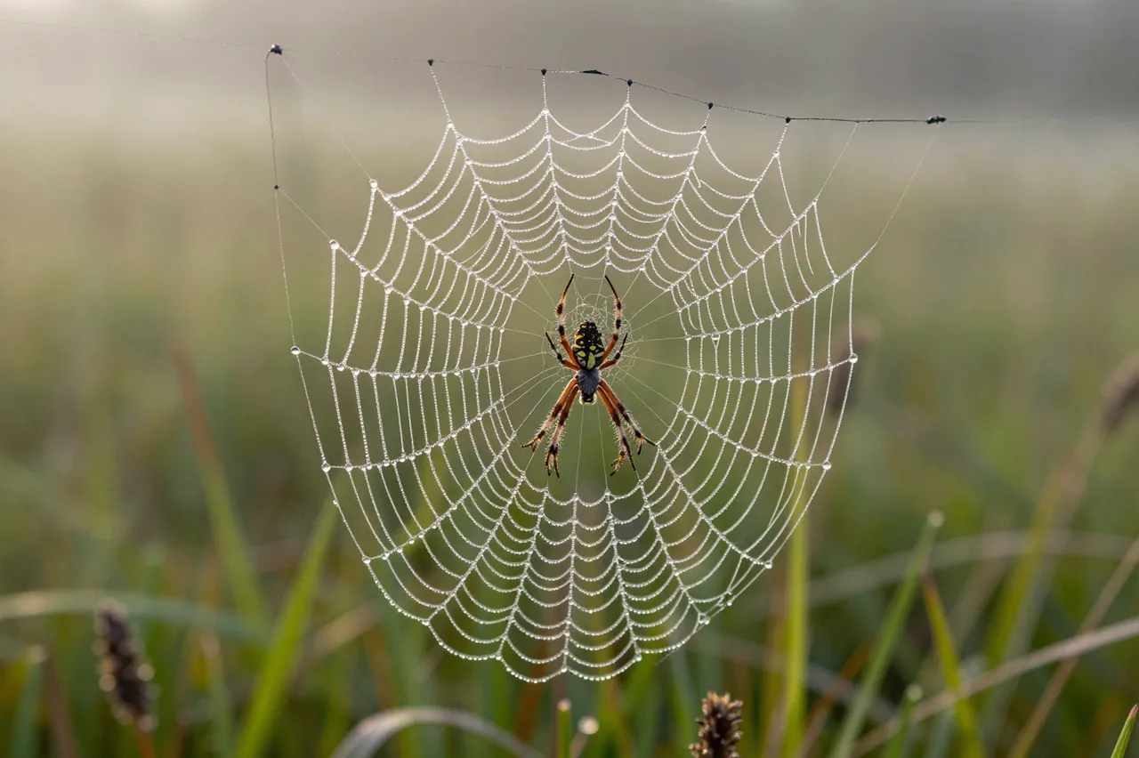 A patterned spider sits centered on a dewy orb web in a sunlit misty meadow at early morning