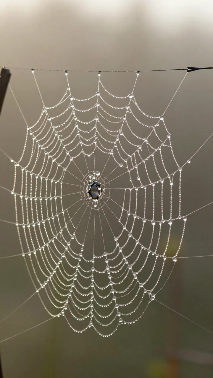 A spider web strung with glistening dew drops is lit by soft warm sunrise light against a blurred muted background