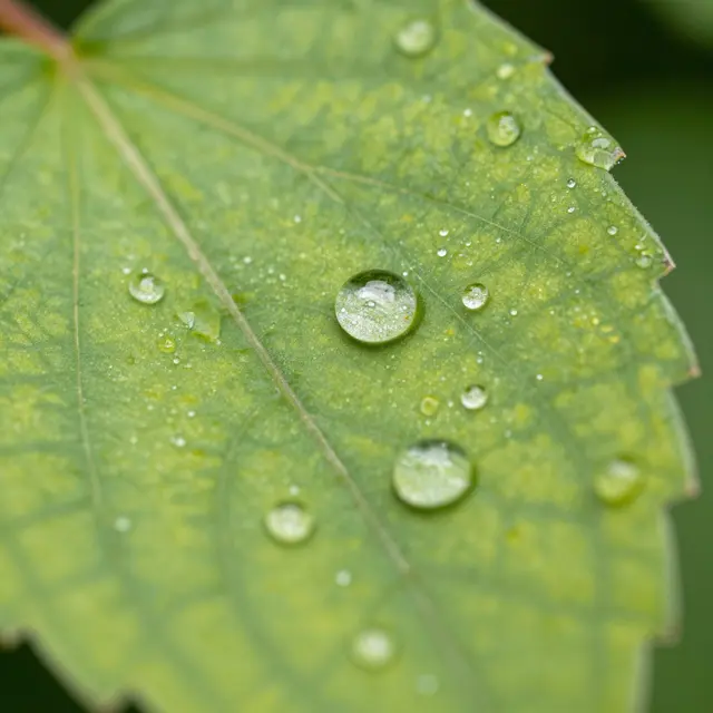 Macro close-up of glistening dew droplets resting on the surface of a bright green leaf