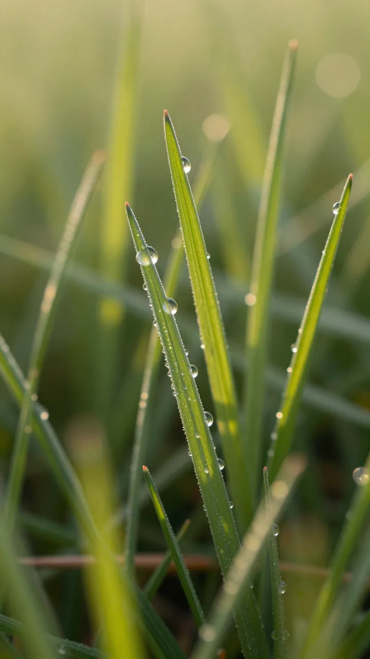 Close-up macro view of clear dew droplets clinging to green grass blades in soft sunrise light