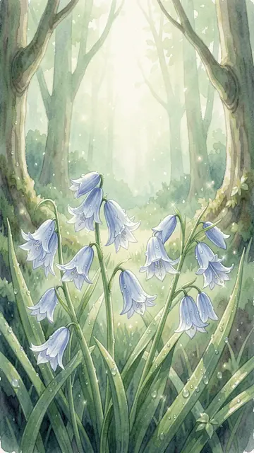 Glowing dewy bluebells stand in the foreground of a soft misty green forest in watercolor style