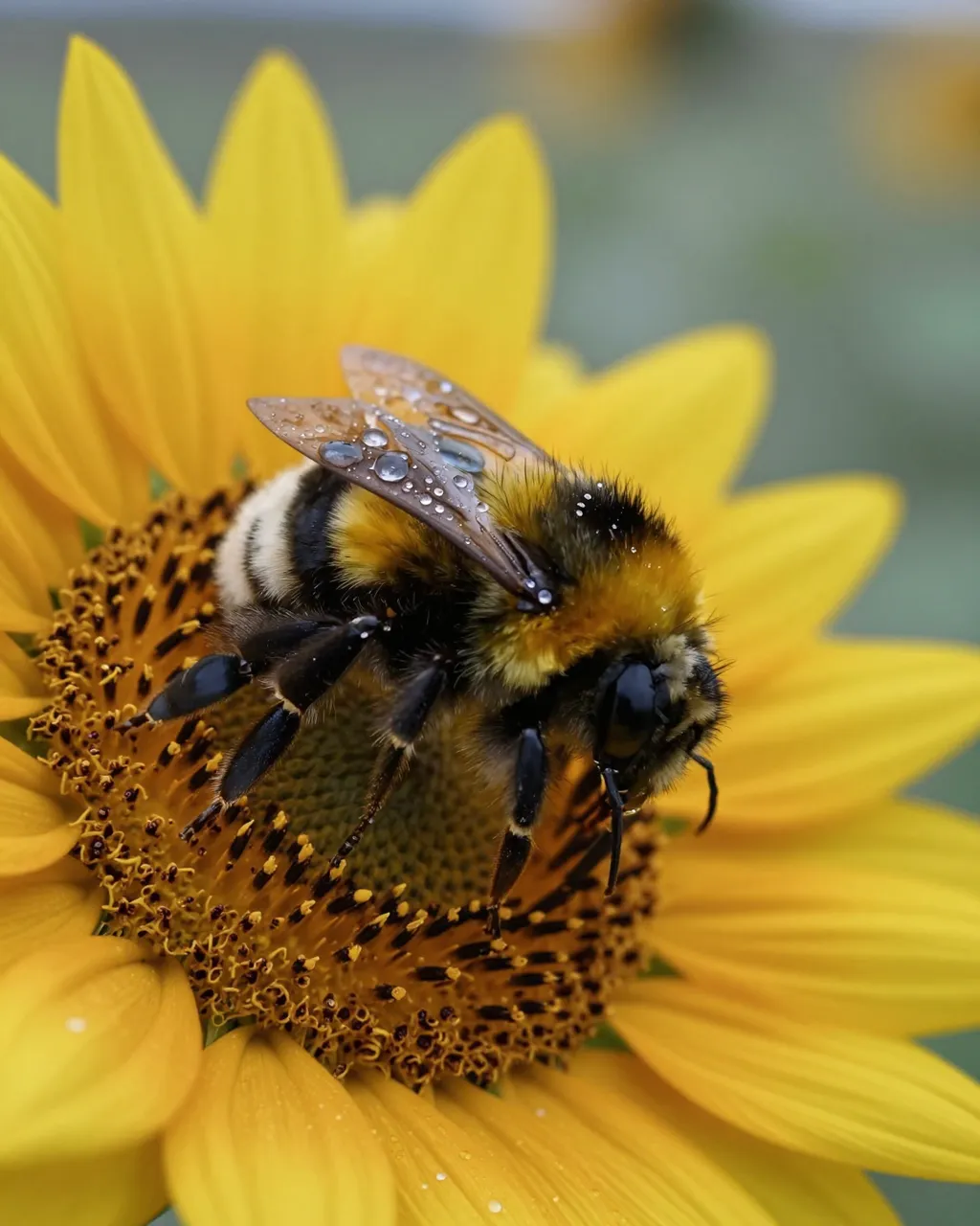 Macro close-up of a fuzzy bumblebee dotted with dew resting on a bright yellow sunflower at dawn