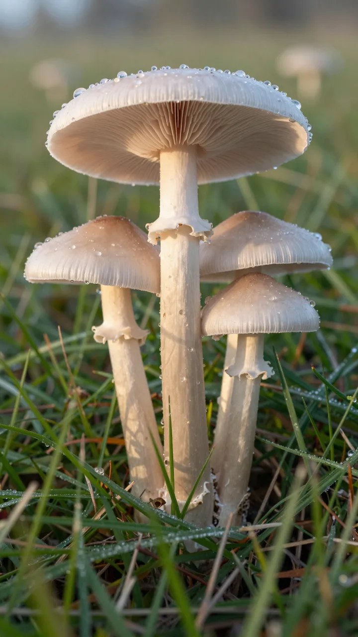 Pale fairy ring mushrooms dotted with dew grow in sunlit grass at sunrise