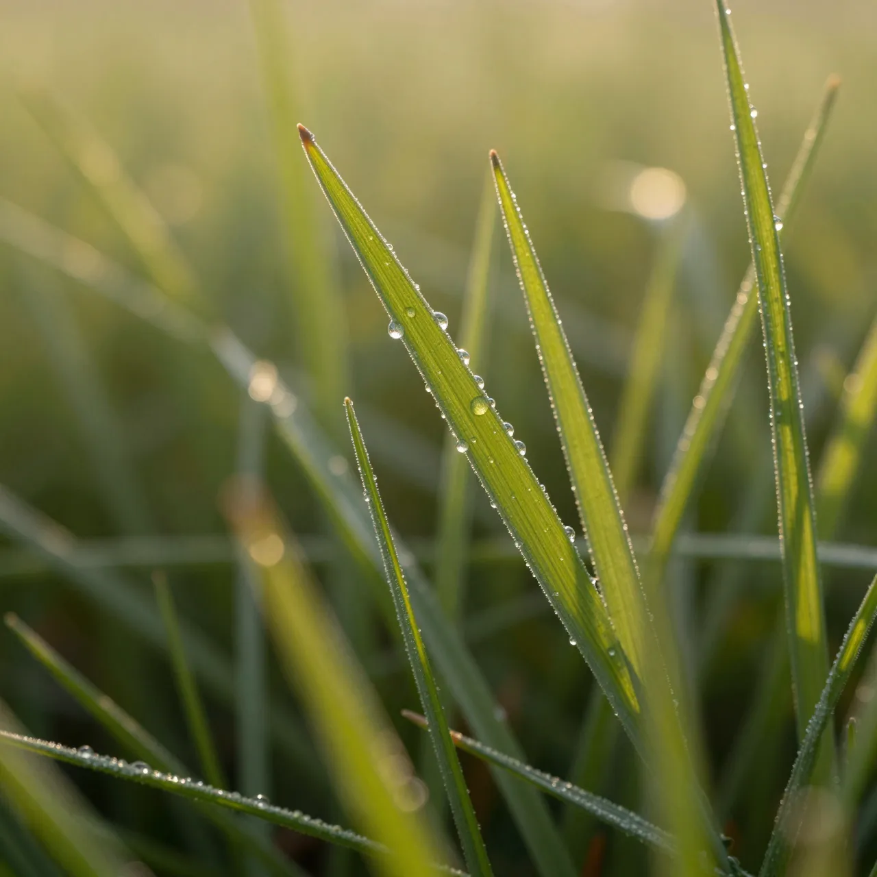 Backlit macro close-up of grass blades dotted with glistening morning dew in soft golden sunlight