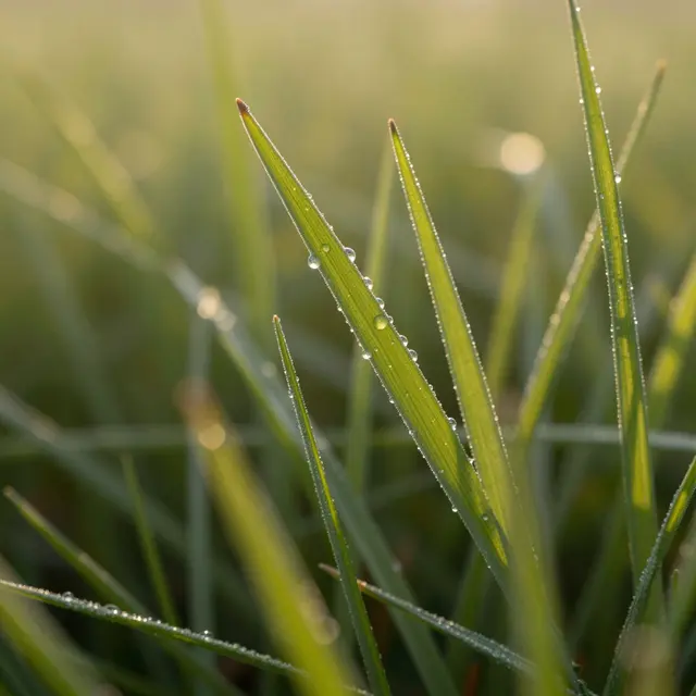 Backlit macro close-up of grass blades dotted with glistening morning dew in soft golden sunlight