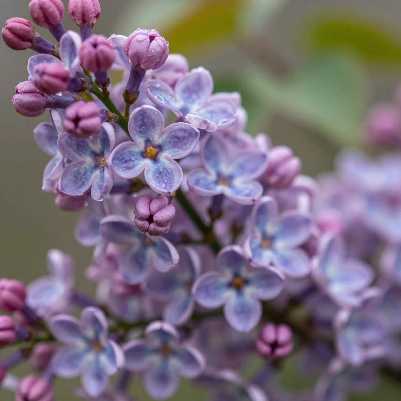 Extreme close-up of lilac flower cluster dotted with glistening morning dew droplets