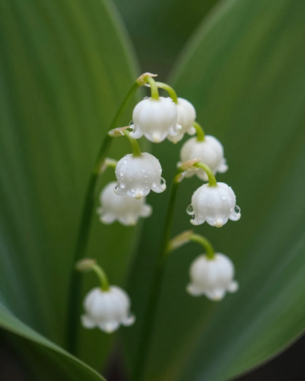 Macro close-up of dewdrops hanging from nodding lily of the valley bell flowers against dark green leaves