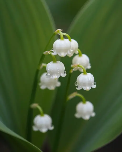 Macro close-up of dewdrops hanging from nodding lily of the valley bell flowers against dark green leaves