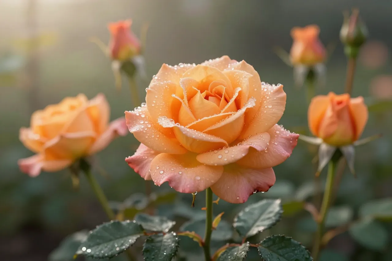 Close-up of a dewy orange rose surrounded by other rose blooms in a misty sunrise garden