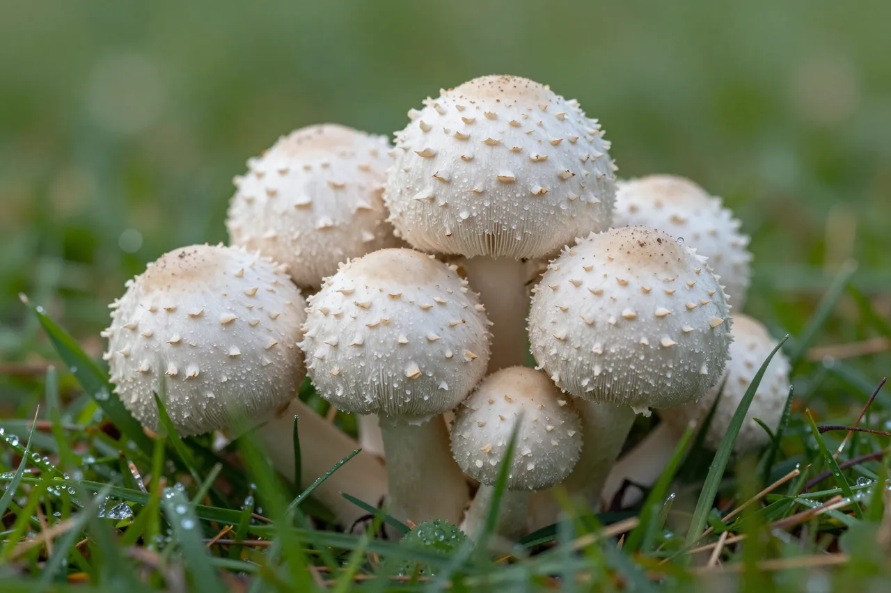 A cluster of spiky white puffball mushrooms dotted with dew sits in damp green grass.