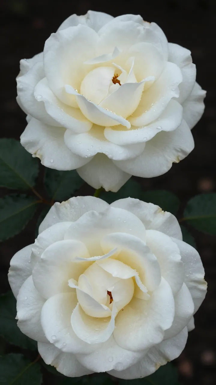 Two fresh white rose blooms covered in dew sit against a deep dark blurred background with rose foliage