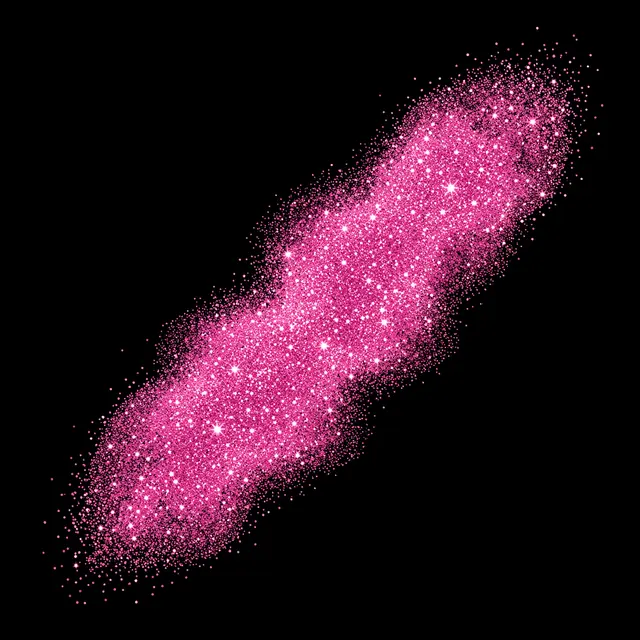 Shimmering fine pink glitter forms a loose diagonal cloud against a solid pure black background