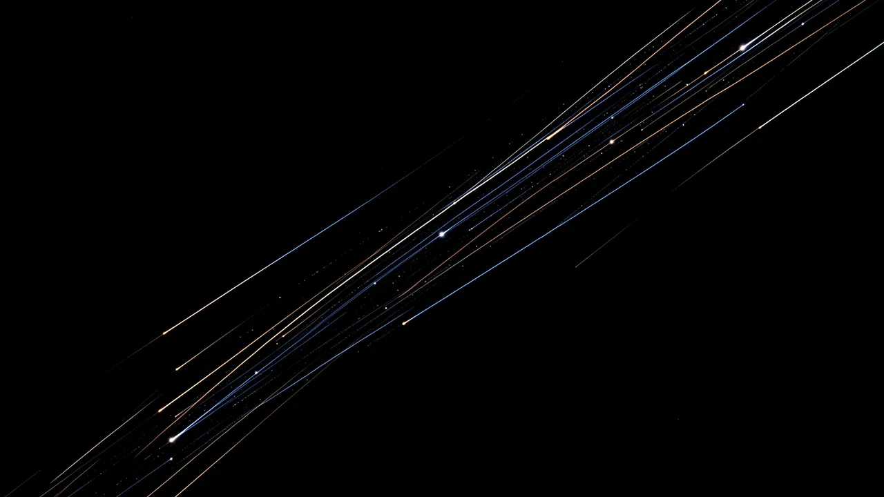 Multiple glowing diagonal shooting star streaks stretch across a solid pure black background