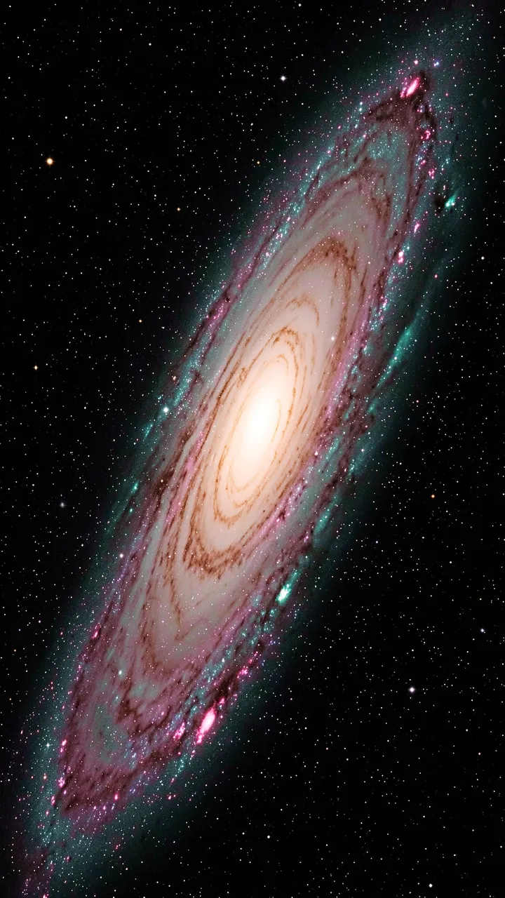 A tilted spiral galaxy with pink and teal arms floats against a dark starry outer space background