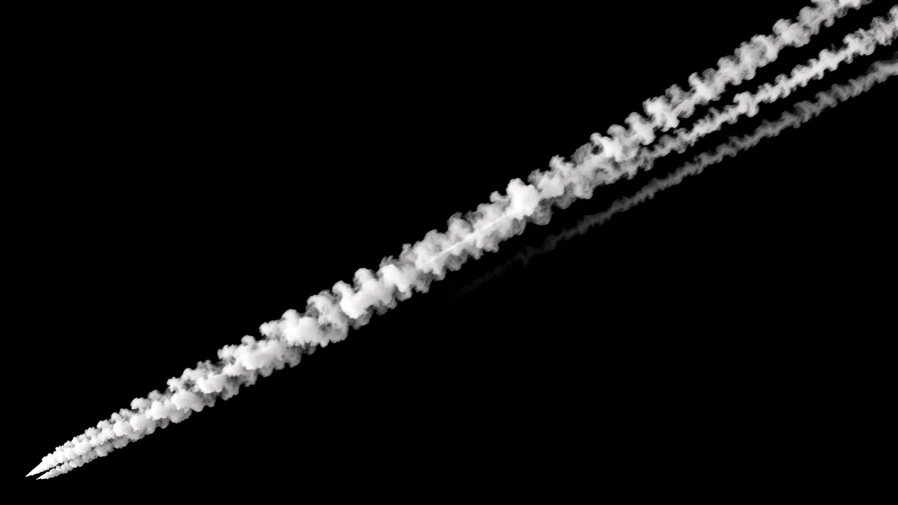 Multiple fluffy white smoke trails streak diagonally across a solid pure black background