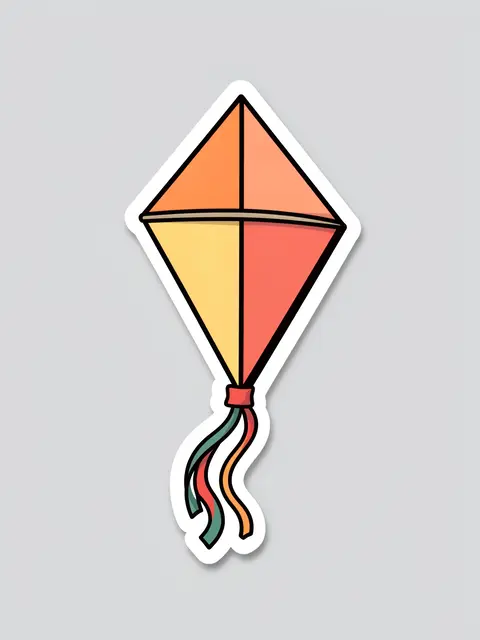 Cute flat sticker illustration of a diamond kite with ribbon tails and white border on light gray background