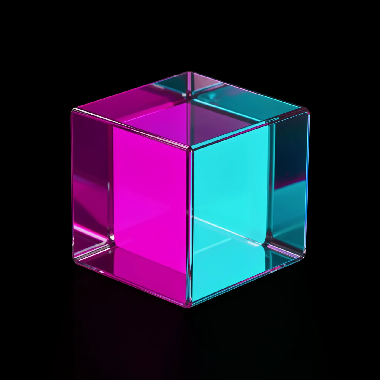 Transparent dichroic glass cube glowing with magenta and cyan hues against a solid black background