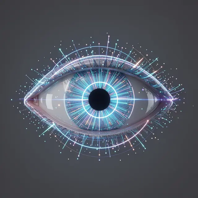 Glowing futuristic digital eye constructed from light rings and particles against a dark gray background