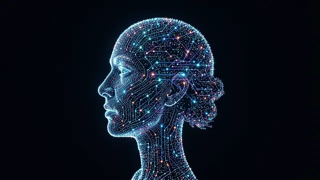 Glowing particle and circuit profile of a human head against a solid black background