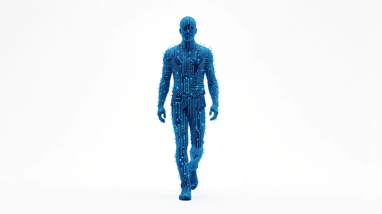 A human silhouette constructed from glowing blue circuit and data particles walks forward against a plain white background.