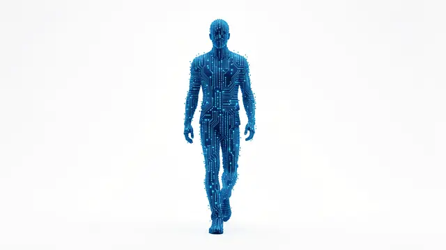 A human silhouette constructed from glowing blue circuit and data particles walks forward against a plain white background.