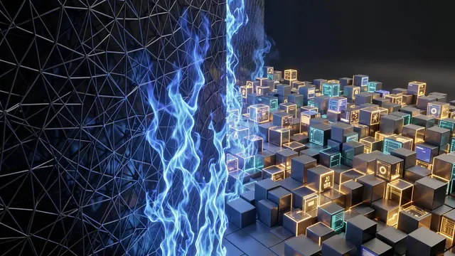 A glowing blue flame firewall separates a dark wireframe network from an illuminated cluster of data cubes