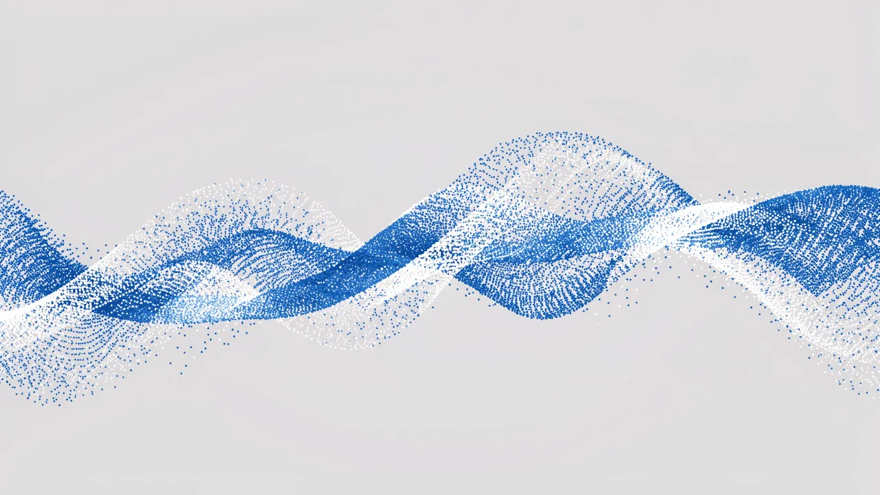 A flowing wavy line of blue and white digital particles stretches across a light gray background