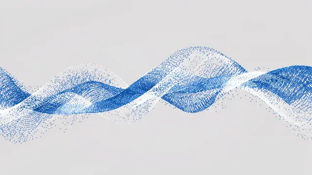 A flowing wavy line of blue and white digital particles stretches across a light gray background
