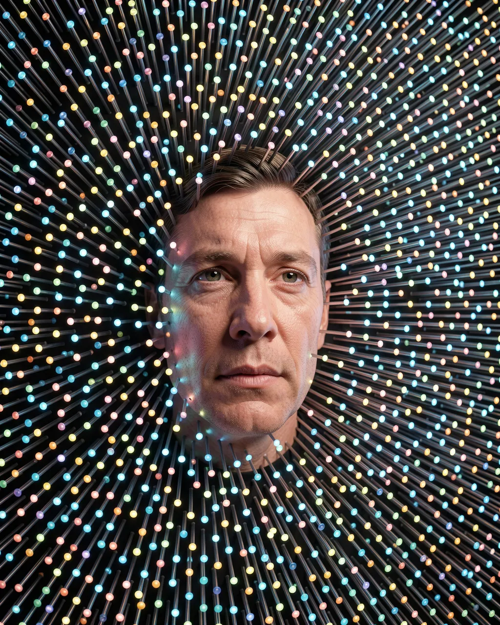 A realistic adult man's face emerges from a dense radial wall of multicolored glowing pins
