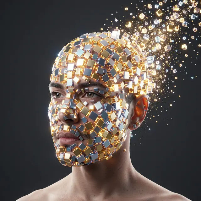 An adult human face constructed from glowing floating metallic cubes dissolving into particles at the back of the head.