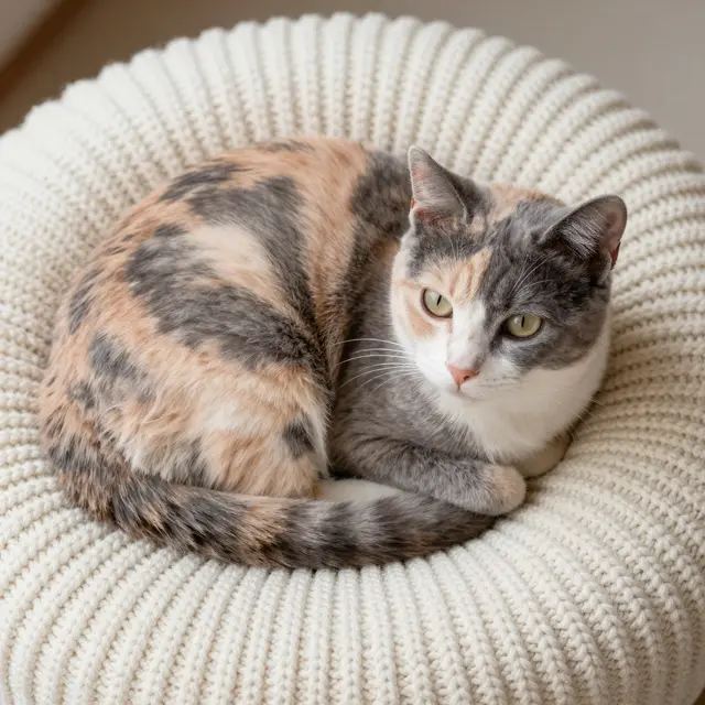 A dilute calico cat with gray and peach patches curls up on a cream knitted pouf looking toward the camera.