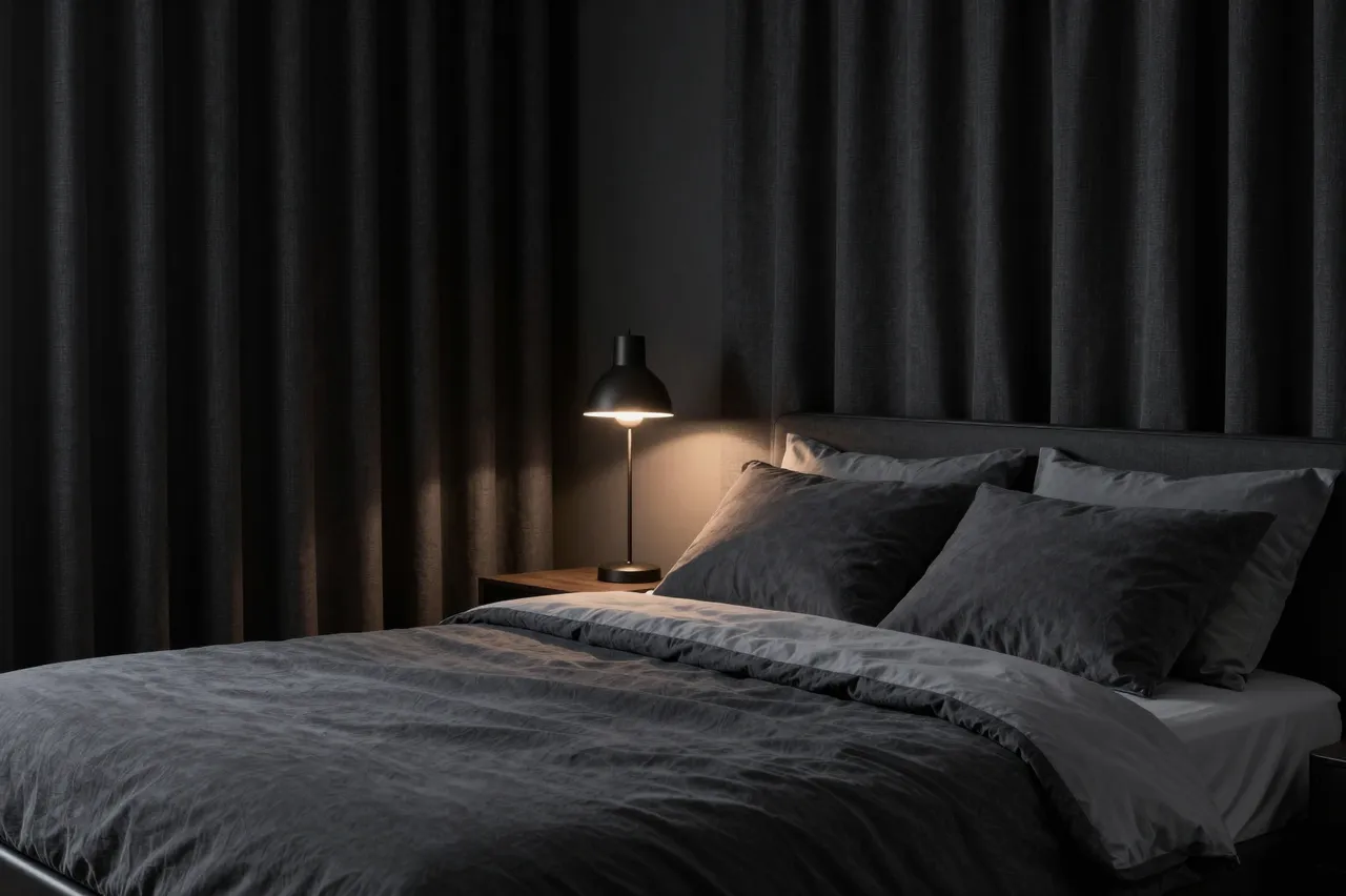 A tidy dark bedroom with a made bed, blackout curtains and a glowing small bedside lamp