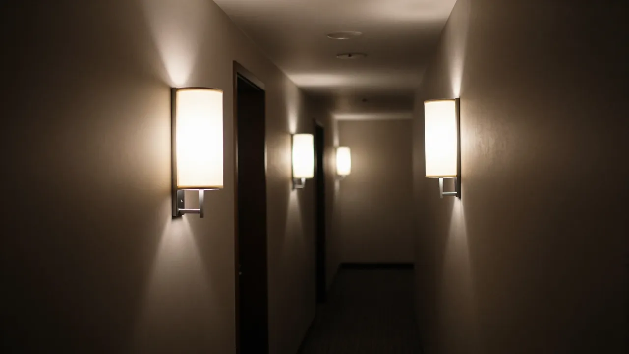 A moody dim hotel corridor lined with glowing wall mounted lamps extending into shadow