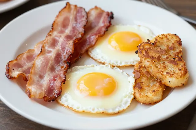 White plate holds crispy bacon, sunny side up eggs, and golden hash browns on a wooden table