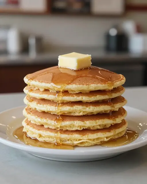 Tall stack of buttermilk pancakes topped with butter and syrup sits on a white diner plate