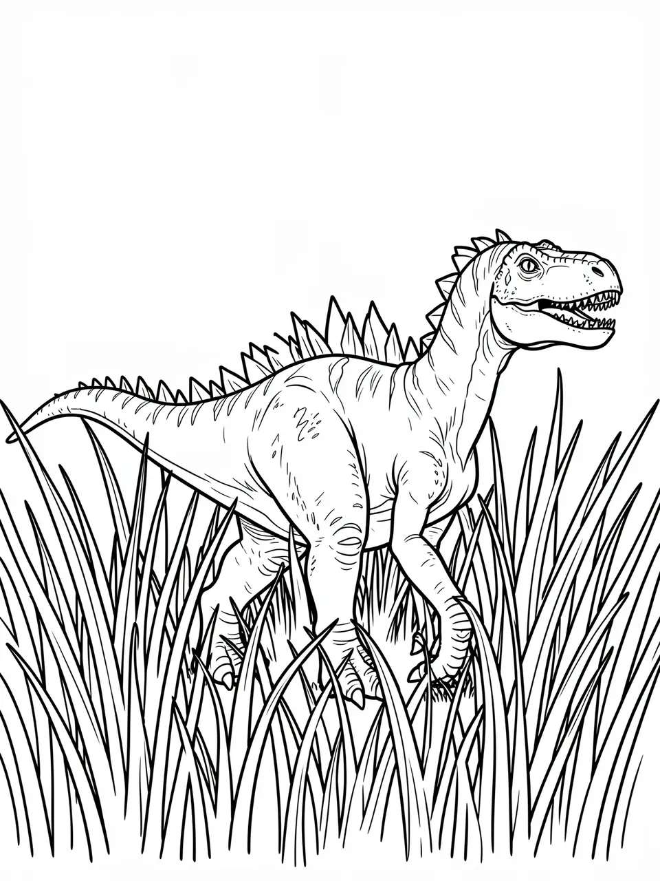 Black and white line art of a spiky dinosaur walking through tall grass on a plain white background