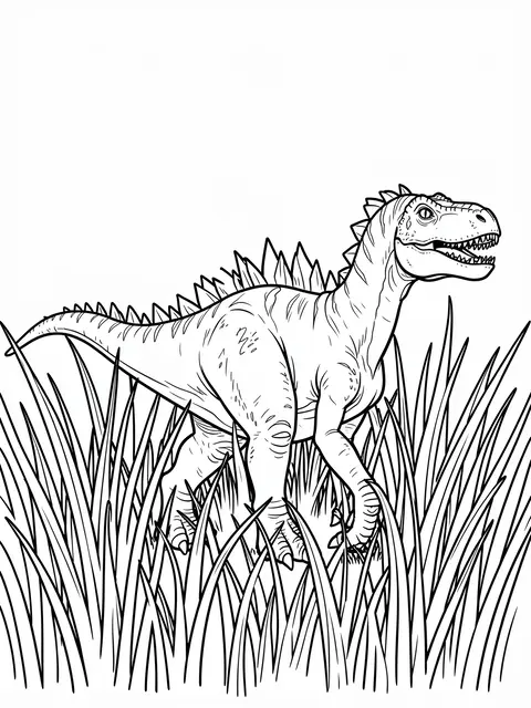 Black and white line art of a spiky dinosaur walking through tall grass on a plain white background