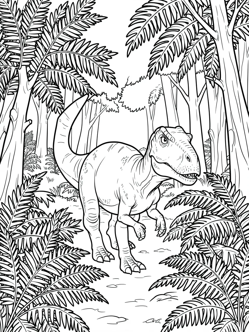 Bold black line art of a theropod dinosaur walking through a fern-filled prehistoric forest on a white background