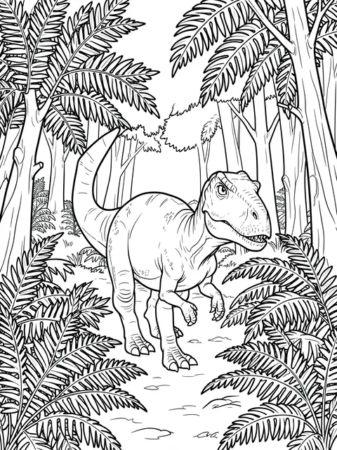 Bold black line art of a theropod dinosaur walking through a fern-filled prehistoric forest on a white background