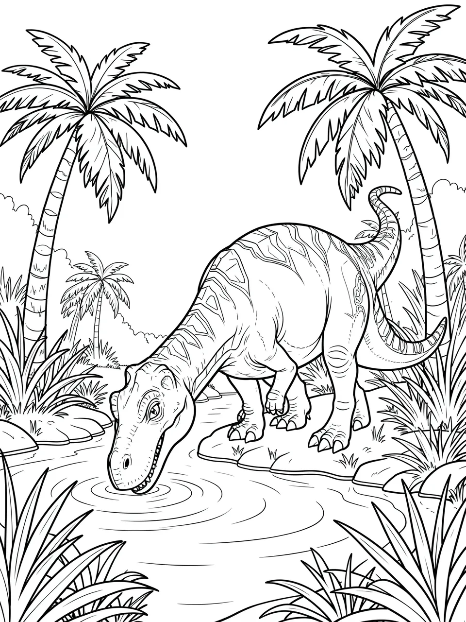 Black and white line art of a dinosaur drinking from a river surrounded by palm trees and prehistoric foliage