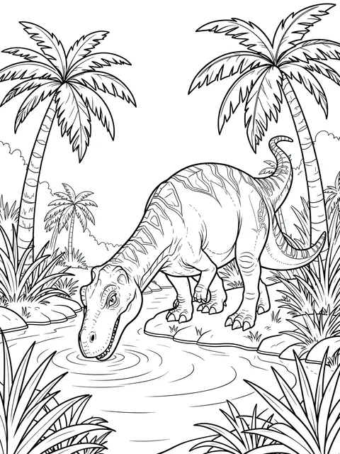 Black and white line art of a dinosaur drinking from a river surrounded by palm trees and prehistoric foliage