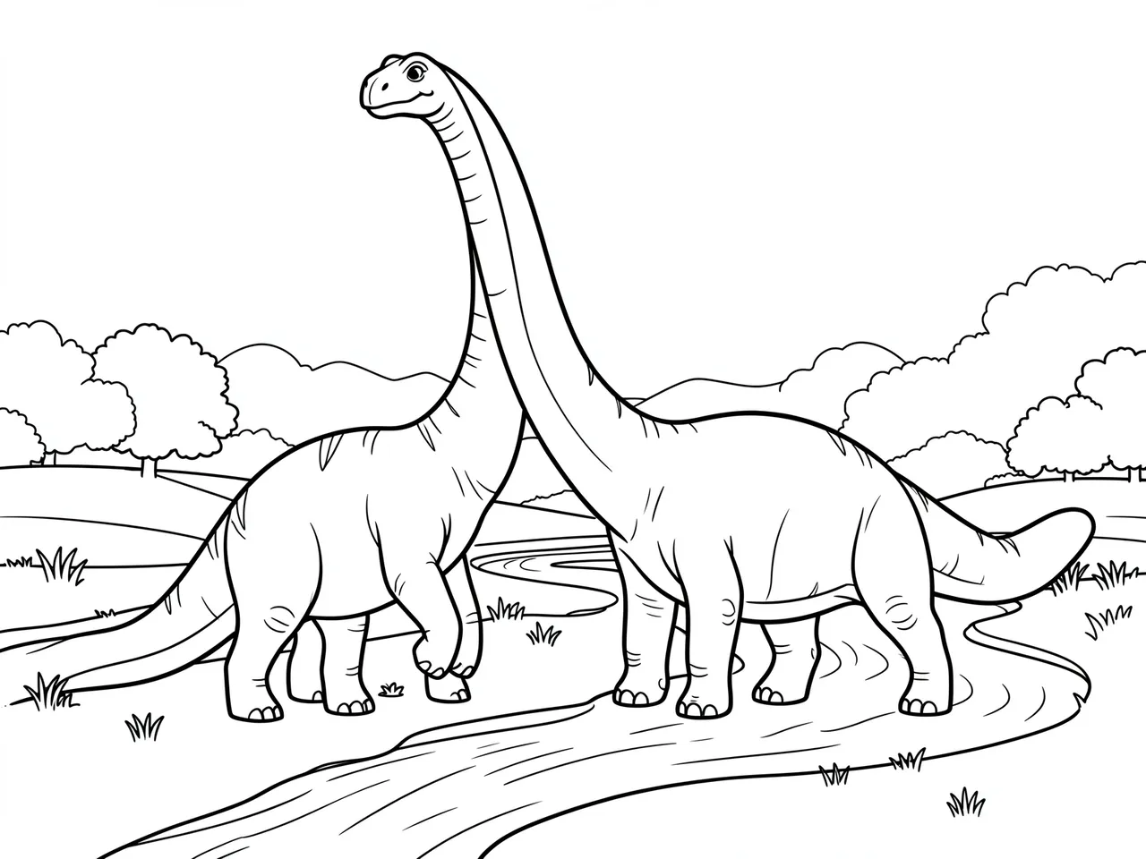 Black and white line art of two long-necked diplodocus standing next to a winding river landscape