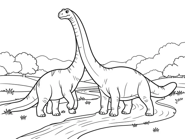 Black and white line art of two long-necked diplodocus standing next to a winding river landscape