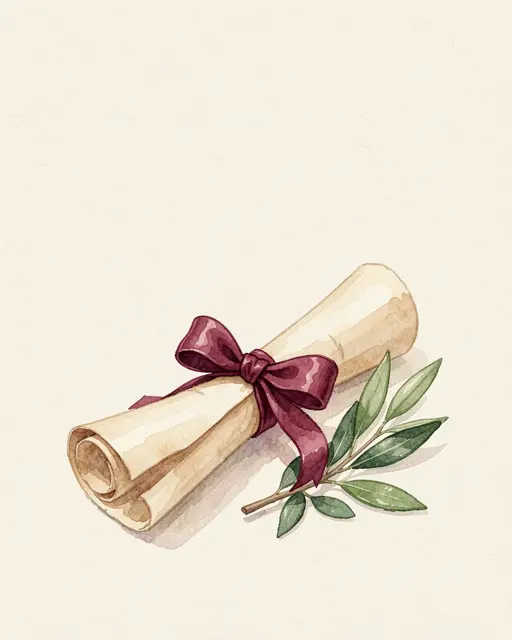 Watercolor rolled diploma tied with burgundy ribbon sits beside an olive branch on cream background with empty upper space.