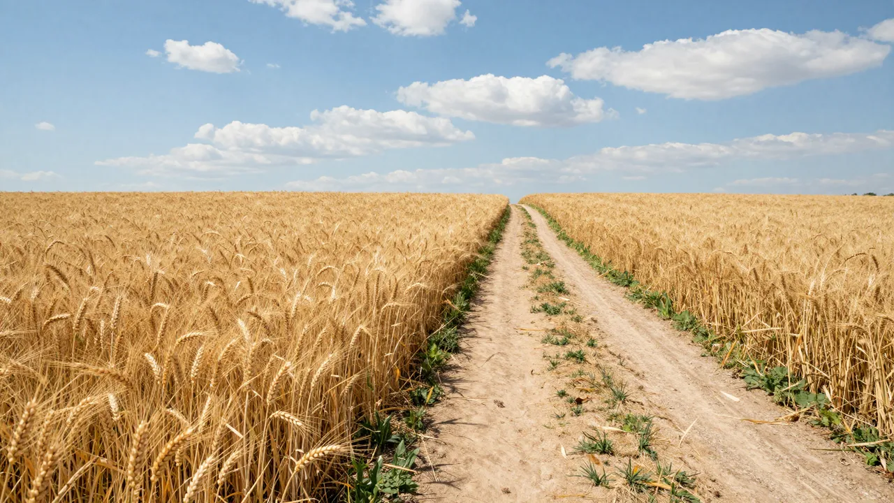 A narrow dirt path cuts through golden ripe wheat under a bright blue summer sky with scattered clouds