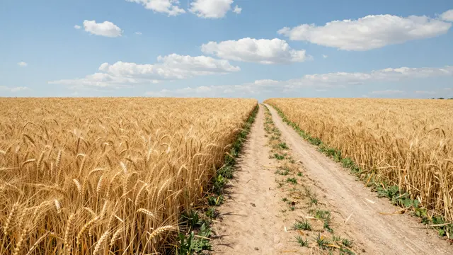 A narrow dirt path cuts through golden ripe wheat under a bright blue summer sky with scattered clouds